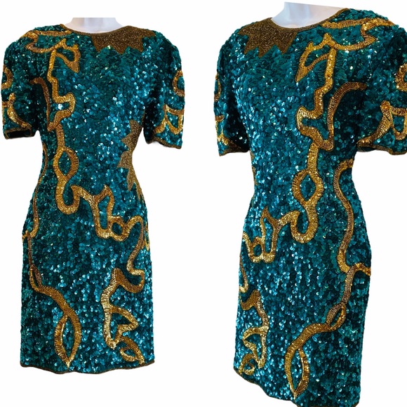 Stunning Fully Sequin & Beaded Teal & Gold Silk Dress By Lawrence Kazar  Size M - www.benaras.co